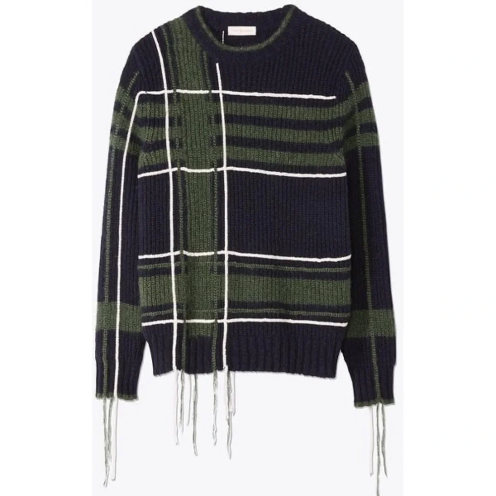 Tory Burch Eden plaid green and blue wool‎ blend Fuzzy Yarn-Trim Plaid Sweater